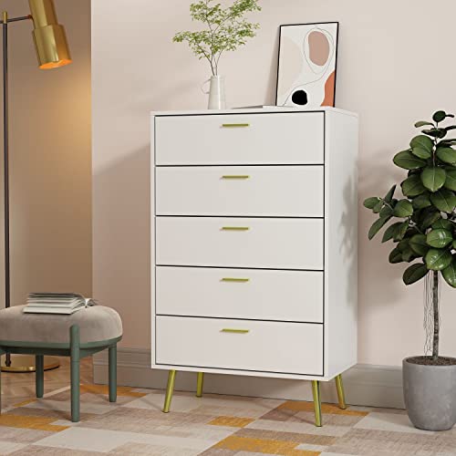 Didugo Chest Of Drawers 5 Drawer Dresser Wood Dresser With Gold Metal Legs White Dresser For Bedroom (27.4”W X 15.6”D X 44.9”H) #TOP15