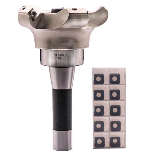 Image of 3.94 inch /100mm Cut Dia 5-Flute KM12 100-32-5T Face Mill Shell Cutter Set | 45 Indexable Face Mill, R8 FMB32 7 /16-20UNF Shank Face End Mill Arbor with 10Pcs SEKT1204 Carbide Inserts and T20 Wrench