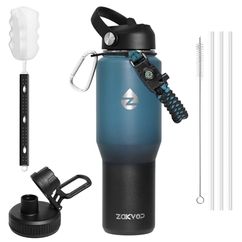 ZAKVOP Thermobecher 1L, Trinkbecher mit Strohhalmen und Zwei Deckeln, Thermosflasche mit...