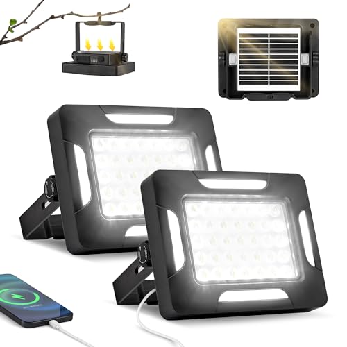 LED Solar Portable Camping Lights with Stand dimmable, 2000LM, Solar Rechargeable Work Lights with Magnetic,IP67 Waterproof, 5 Light Modes Portable Flood Light, Camping Lantern for Indoor Outdoor