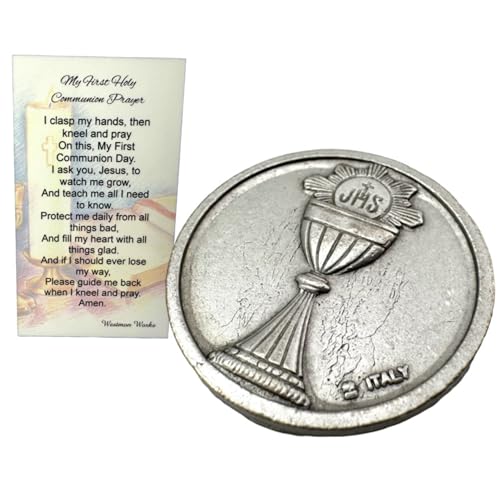 Image of Westmon Works First Communion Pocket Token Set Italian Metal Prayer Trinket with Catholic Made in the USA Holy Card