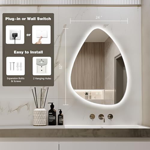 Niccy Irregular LED Bathroom Mirror, 24"x32" Asymmetrical Backlit Vanity Wall Mirrors, Frameless Lighted Mirrors for Bedroom, Living Room, Modern Smart-Mirror with Anti-Fog, Dimmable, Memory Function by Niccy - Used condition - Image 6