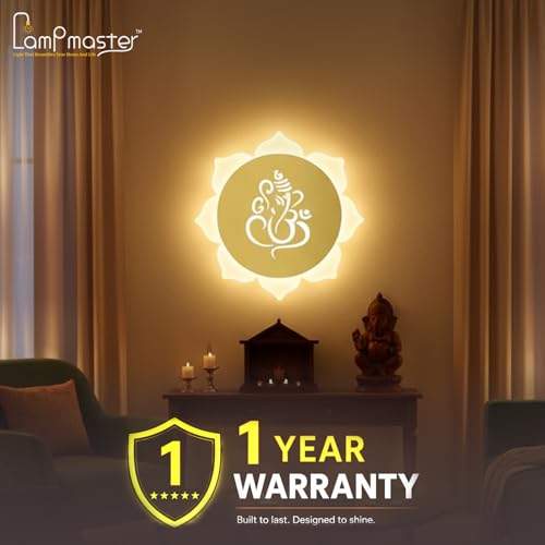 Image of Lamp master Flower Ganpati LED Wall Light - Gold & Frosted Acrylic | 23cm | Warm White | Ideal for Temple, Living Room, Bedroom, Pooja Room, Mandir, Shops, (Flower - Ganesh - Gold) | 1 Year Warranty
