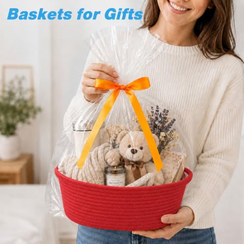 Image of Empty Gift Basket with Gift Bag & Ribbon, Woven Rope Basket, 12x8x5 inch