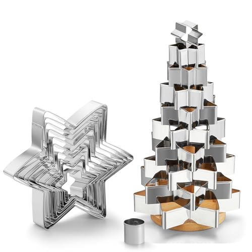 Mumsung Star Cookie Cutter Set, 10 Pcs Star Shaped Biscuit Molds, 3D Christmas Tree Cookies With Like Cookie Display, 5.5In~1.2In Cutter For Holiday Winter Christmas, Come With Storage Box