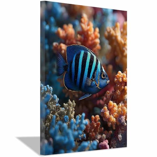 Poster ocean CUDAOO : toile poisson rayures bleues encadrée 60x90cm pour salon