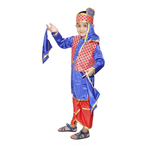 Image of Kaku Fancy Dresses Indian State Punjabi Folk Dance Costume for Kids /Bhangda Gidda Dance Costume for Boys - Red & Blue, 3-4 Years,Polyester