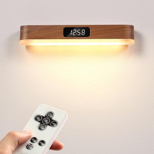 Wooden Wall Sconce Under Cabinet Lighting, Rechargeable Magnetic Wall Night Light Led Light Bar with Remote Control, Wall Strip Lights Steplessly Dimmable Lights for Closet Bathroom Bedroom