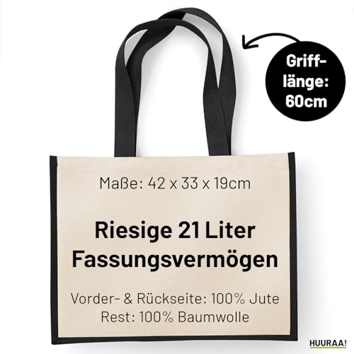 Huuraa Jutetasche Mops Silhouette 21 Liter Black Jute und Baumwolle Einkaufstasche Geschenkidee