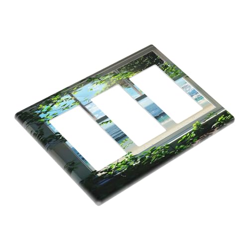 Decorative Outlet Covers Window Beach Seascape View Green Leaves 3 Gang Wall Plate Triple Rocker Light Switch Cover Plate Jumbo Electrical GFCI Faceplate for Bedroom Bathroom Decor