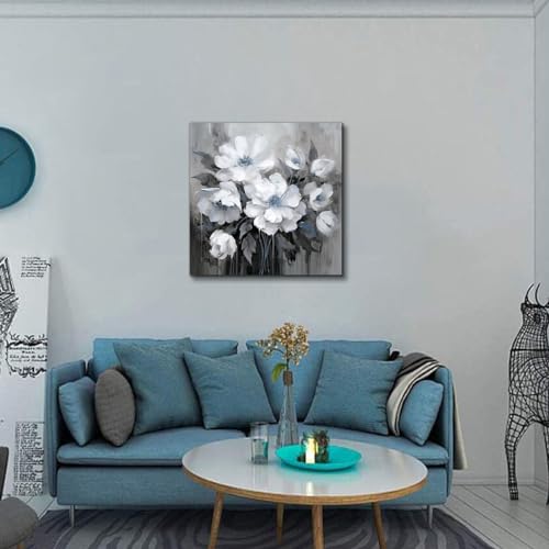AnZhongArt Bathroom Canvas Wall Art, Bathroom Wall Decor,Living Room, Bedroom,Office,Small Gray and White Blue Flower Wall Decoration, 12x12 inches - Image 2