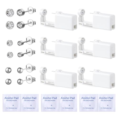 Voarge 6 Stück Ohrlochstechpistole Einweg-Steril-Sicherheits-Ohrnasen-Piercing-Pistolen-Kit Schmerzfreies Selbst-Piercing-Werkzeug mit Ohrstecker-Asepsis-Pierce-Kit (Silber weiße Diamanten 3mm-4mm)