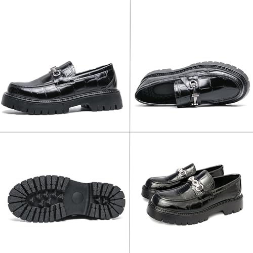 Men's Leather Printed Platform Slip-On Penny Loafers Fashion Round Toe Metal Decoration Non-Slip Lug Sole Business Dress Shoes for Driving Office Party2