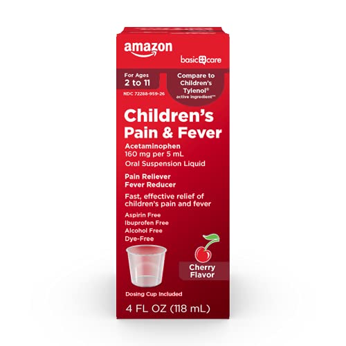 Amazon Basic Care Children's Pain & Fever, Acetaminophen 160 mg per 5 mL Oral Suspension, Dye-Free, Cherry Flavor, 4 Fl Oz