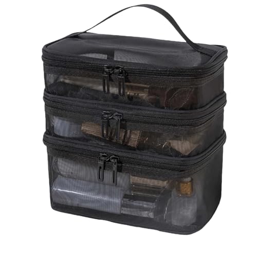 3 Layer Makeup Pouch Bag,Travel Makeup Organizer Portable Toiletry Case Bag Pouch, Large Mesh Toiletries Double Layer Nylon Brush Zip-up Tool with Handle (Black)