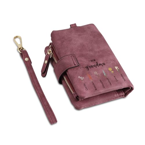 Prsonalized Names Wallet with Birth Flowers for Women - Custom 2-12 Names Text with Birth Flowers Wallet Mom Gifts for Mother's Day Birthday First Mom Now Grandma Gifts (color 2)2