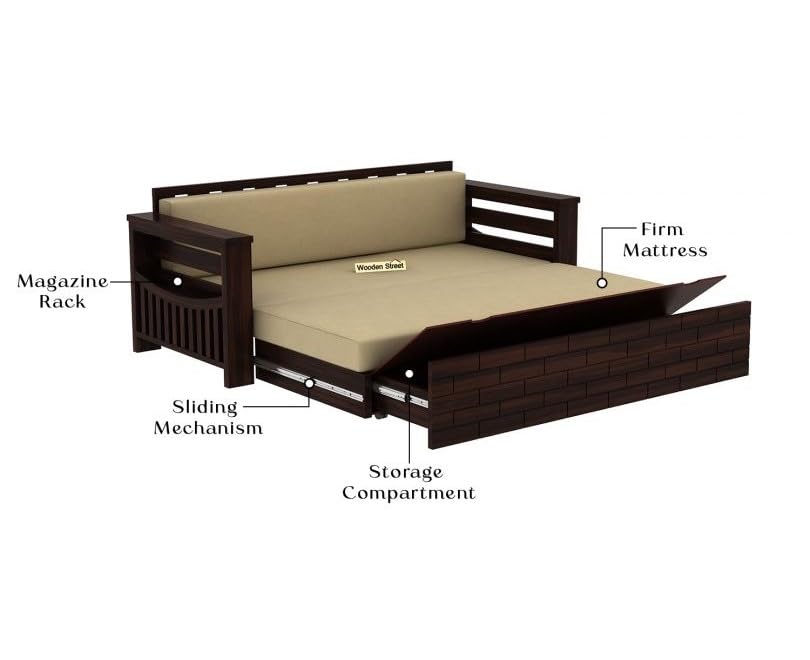 Image of Krishna Wood Decor Solid Sheesham Wood Convertible 3 Seater Sofa Cum Bed with Headboard and Storge Armrest, Folding Double Bed with Mattress for Home Living Guest and Office Areas, Brown