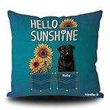 GABSHAIM Personalized Linen Pillowcase Hello Sunshine Dog Pillow Cover Black Pug with Sunflowers Pattern Throw Pillow Cover 20 x 20 Inch Home Sofa Couch Decor