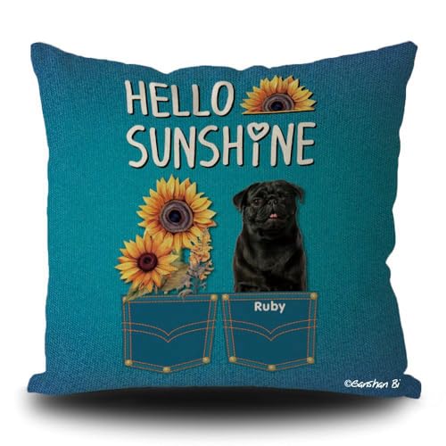 GABSHAIM Personalized Linen Pillowcase Hello Sunshine Dog Pillow Cover Black Pug with Sunflowers Pattern Throw Pillow Cover 20 x 20 Inch Home Sofa Couch Decor