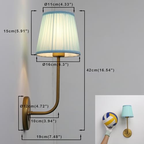 Image of Yosoan Brass Gold Pale Blue Lace Fabric Shade Wall Sconce Set of 2, Vintage Beige Boho Antique Retro Indoor Vanity Vintage Wall Sconce Hardwired Flared Fabric Shade for Bedroom Hallway Living Room
