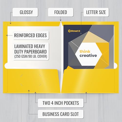 Image of Better Office Products 2 Pocket Glossy Laminated Yellow Paper Folders, Letter Size, 25-Pack, Yellow Paper Portfolios, Box of 25