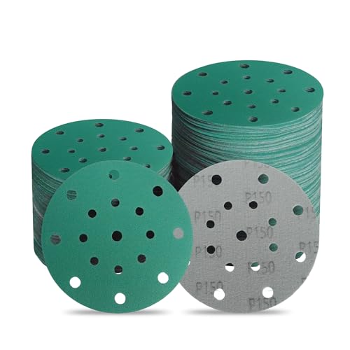 Image of 6 Inch 17 Hole 150 Grit Zirconia Alumina Hook & Loop Sanding Discs, Heavy-Duty Polyester Film Backing, Wet /Dry Anti-Clog for Random Orbital Sanders - Wood, Automotive, Metal - 50 Pack