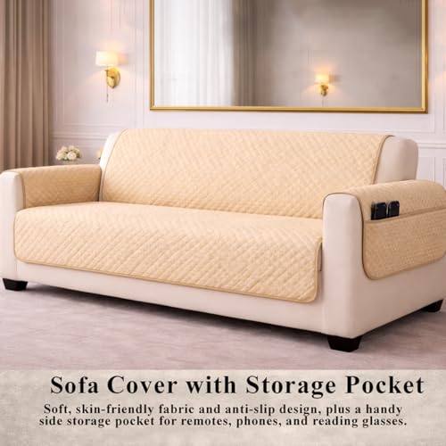 Image of STITCHNEST 'Double Vie Collection Series' Cotton Quilted Reversible Sofa Cover 3 Seater with Arm Rest and Pocket | Size 70x60 Inch