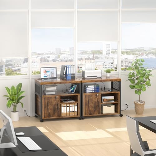Unikito Lateral File Cabinet, Locking Office Filing Cabinets with Socket and USB Charging Port, Modern Rolling Printer Stand with Storage for A4, Letter Size and File Folders, Rustic Brown