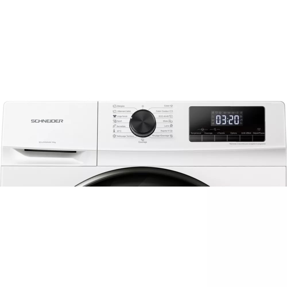 SCHNEIDER SCLLF1014VAW, Lave linge frontal, 10 kilos, Fonction vapeur, Moteur inverter, 1400trs/min, 15 programmes, Pieds réglables, Blanc