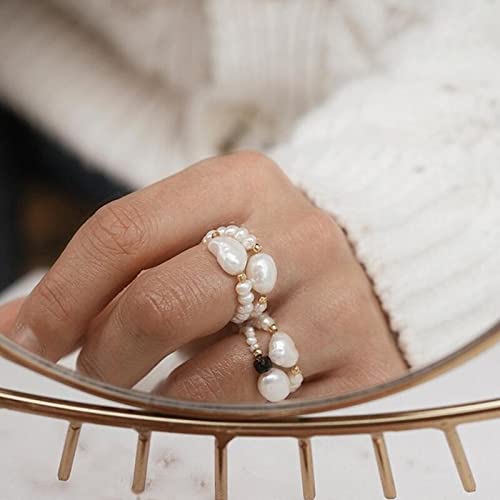Ttndstore Fashion Minimalist Pearl Rings Multi-Style Natural Freshwater Pearl Rings For Women Girls Elastic String Beaded Rings Adjustable - Flat Pearl G - Resizable #TOP4