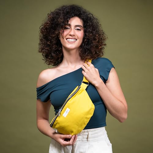 Image of The Peacock Crew Fanny Pack - Stylish Cotton Crossbody Bag for Men & Women - Adjustable Strap, Dual Zipper - Premium Fabric Shoulder Bag, Nomade Yellow Gold