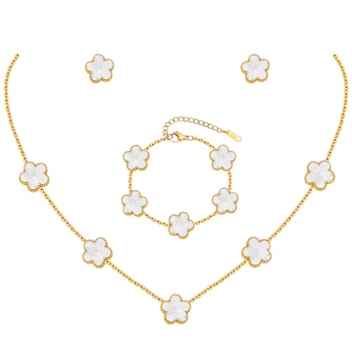 TempBeau Parure de bijoux trèfle pour femme et fille - En acier inoxydable plaqué or 18 carats - Collier et boucles d'oreilles - Avec pendentif double face - Trèfle à quatre feuilles - Pour mariage
