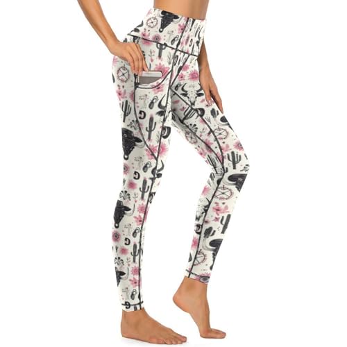 Pantalon de yoga taille haute anti-glissement avec poches motif tête de mort chèvre
