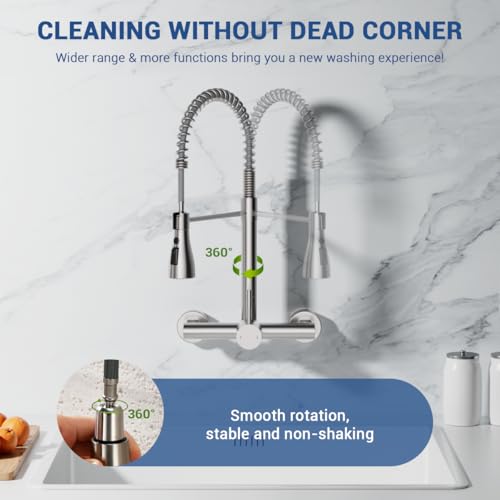 Image of Wall Mount Kitchen Faucet with Pull Down Sprayer 3 Functions, 304 Stainless Steel Wall Mount Faucet 8 Inch Center, Single Handle Kitchen Sink Faucet High Arc 360 Swivel, Brushed Nickel