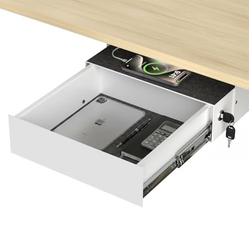 Image of Under Desk Slide Out, Lockable Steel Storage Drawer with Lock and Keys, Full-Extension Slides, Undermount Drawer for Home Office & Standing Desk, 13.8 Inch, White