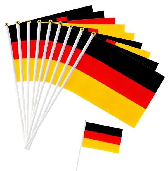 10Pcs Small Germany Flags on Sticks for Fifa World Cup Football 2026 Decoration, 14X21cm Mini Germany Flag, Hand Waving Flag for National Day World Cup Euro Football Garden Street Home Decorations