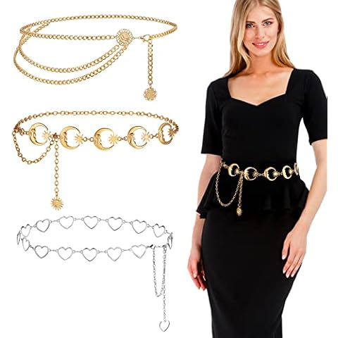 BETESSIN 3Stk. Kettengürtel Damen Metall Taillen Gürtel Gold und Silber Einstellbare Taillenkette Sterne Mond Gürtel Punk Herzen Körperkette Hüftgurt Cover