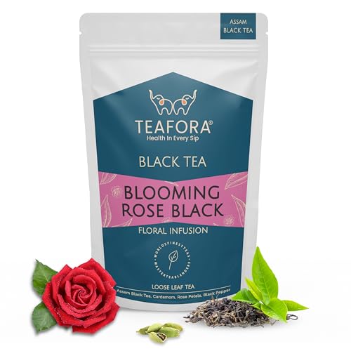Image of TEAFORA Blooming Rose Black Tea | Assam Loose Leaf Tea | Robust & Flavorful | Blended with Rose Petals, Cardamom, Saffron & Almond | 100% NATURAL INGREDIENTS - 100g