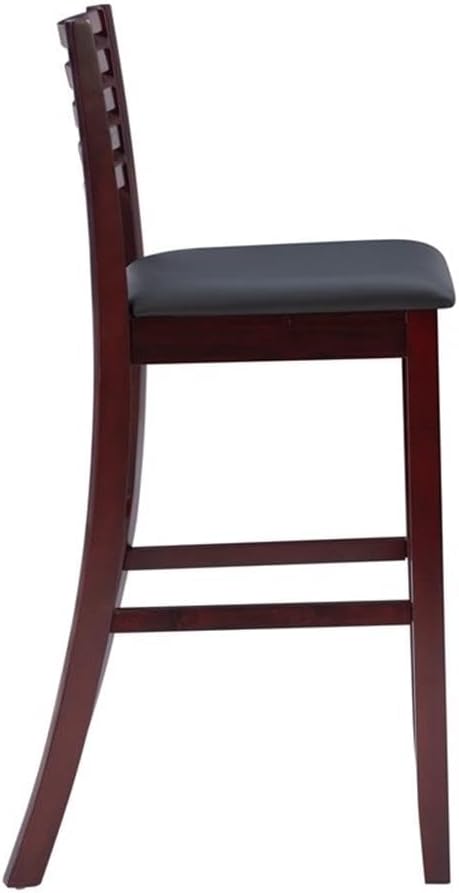 Riverbay Furniture 31" Wood Bar Stool, Dark Merlot Finish, Black Faux Leather Padded Seat, Ladder Back Design, Bar Height Stool for Dining Room or Bar Counter