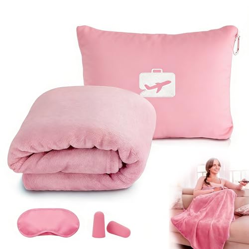 Travel Blanket and Pillow, Ultra Soft 2 in 1 Airplane Blanket with Eye Mask and Ear Plugs, Portable Travel Blanket with Pillowcase, Ideal for Long Flights Office and Trains (Pink)
