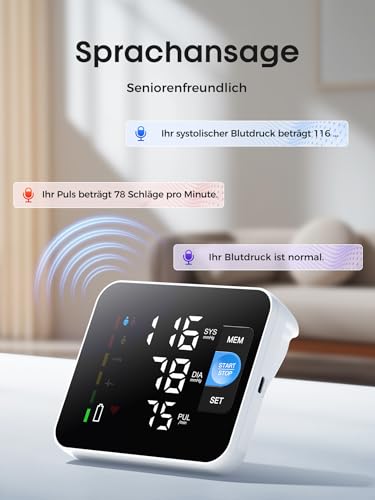 Blutdruckmessgerät Oberarm, Laut Sprachansage Blood Pressure Monitor, Mit LED-Digitalanzeige Geeignet für Oberarmumfang von 22–42 cm, Zeichnet 3 * 199 Benutzerdaten Auf, Typ-C-Aufladung