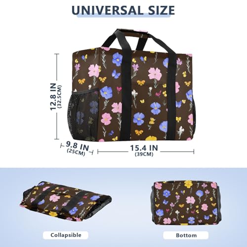 JUNZAN Cute Florals in Black Utility Bag Foldable Tote Bag For Beach With Pockets Resuable Grocery Bags with Handles Laundry Bag Travel 5
