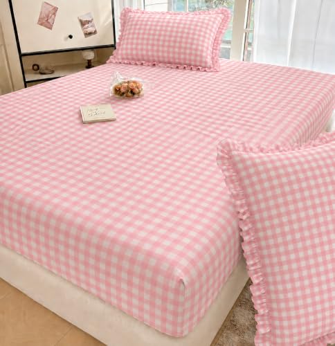 Image of VOMZER Queen Size (60x78) 300 TC Soft Cotton Feel Microfiber All Around Elastic Fitted Double Bedsheet with 2 Frill Pillow Covers | Vichy Check