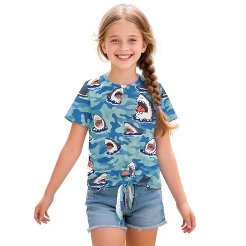 Short Sleeve Front Tie Tops for Girls Summer Crew Neck Shirts with Lace-Up