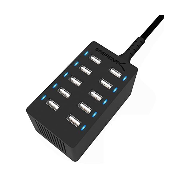 Sabrent 60 Watt (12 Amp) 10-Port [UL Certified] Family-Sized Desktop USB Rapid Charger. Smart USB Ports with Auto Detect Technology [Black] (AX-TPCS)