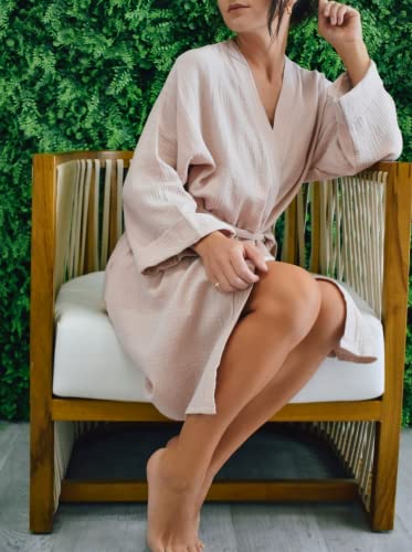 Oblako Womens Lightweight Double Gauze Robes - Soft Summer Short Beach Cover Up Robe - 100% Turkish Muslin Cotton Female Bathrobe (Pinky Beige, X-Large) #TOP5