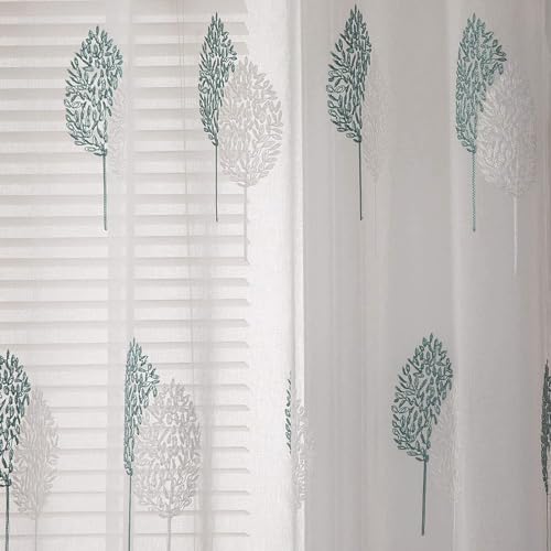 MIULEE Wohnzimmer Vorhänge Transparent mit Türkis und Weiss Blätter Muster, Modern Stickerei Gardinen Ösen für Schlafzimmer Deko… – Ansicht 3