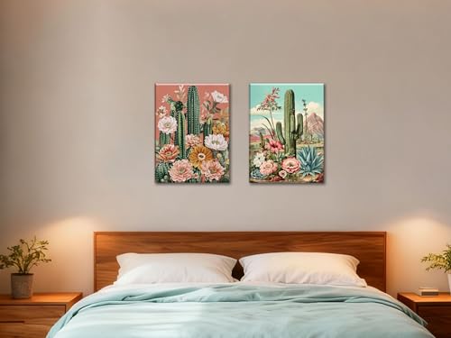 Image of Frimeeme Framed Cactus Wall Art Set of 2,12x16 inch | Vintage Cactus Desert Floral Wall Decor Paintings for Living Room Bedroom Bathroom