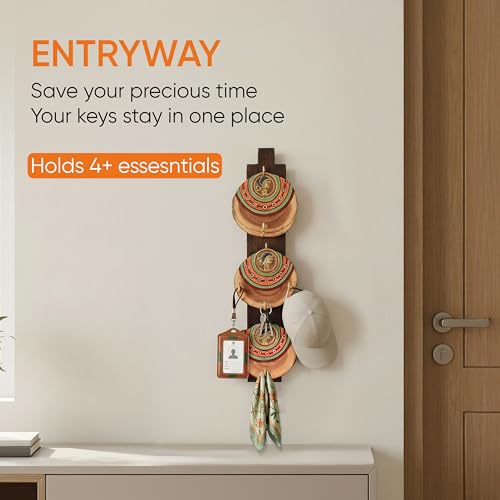 Image of AAKRITI ART CREATIONS Key Holder Handcrafted Madhubani Keys | Rustic Brass & Wood Wall Organizer with 4 Hooks | New Home Gifts | Multifunctional Entryway Decor Item