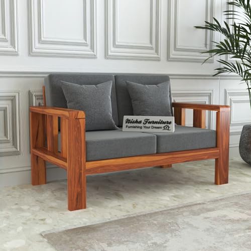 Image of Sheesham Wood 2 Seater Sofa Set with Cushions | Living Room & Office | Natural Teak Finish | Solid Wood Frame | Compact 2 Seater Design